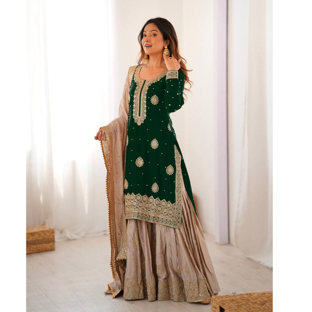 Party Wear Designer Women Top Sharara with Dupatta Suit Dress