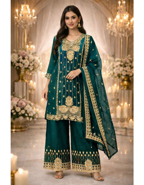 Load image into Gallery viewer, Party Wear Embroidered Women Top Palazzo Dupatta Suit Dress mahezon
