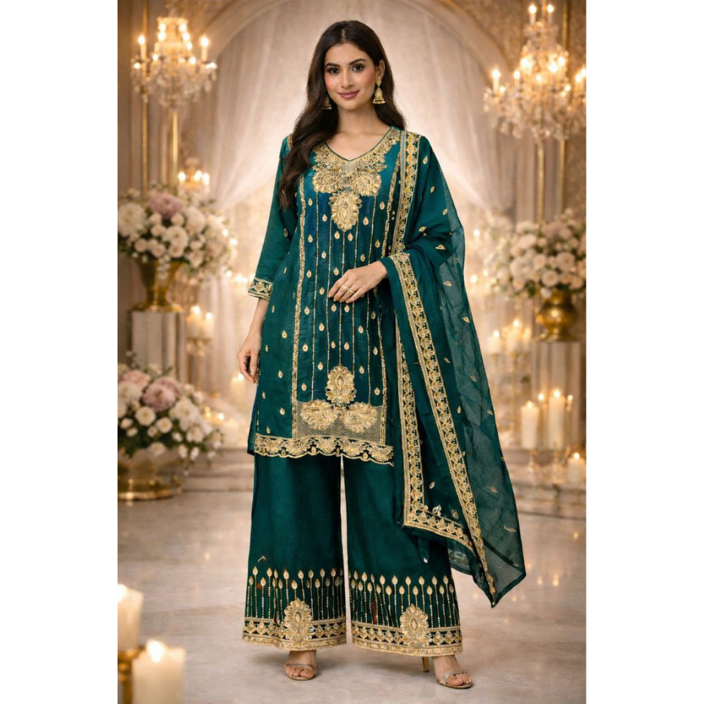 Party Wear Embroidered Women Top Palazzo Dupatta Suit Dress mahezon