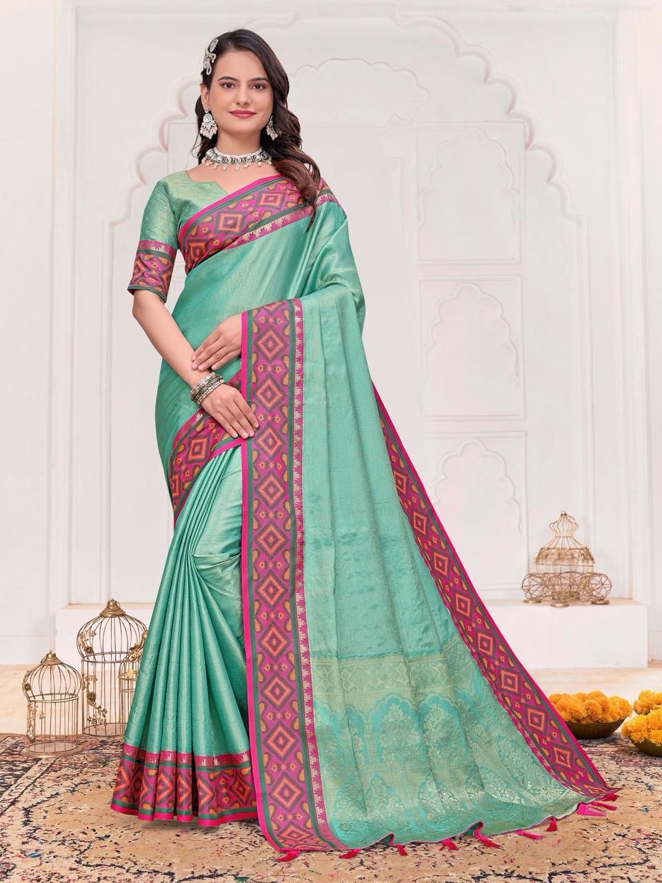 Ethnic Couple Wear  Indian Men Kurta Pajama Koti and Women Saree Outfits Set mahezon