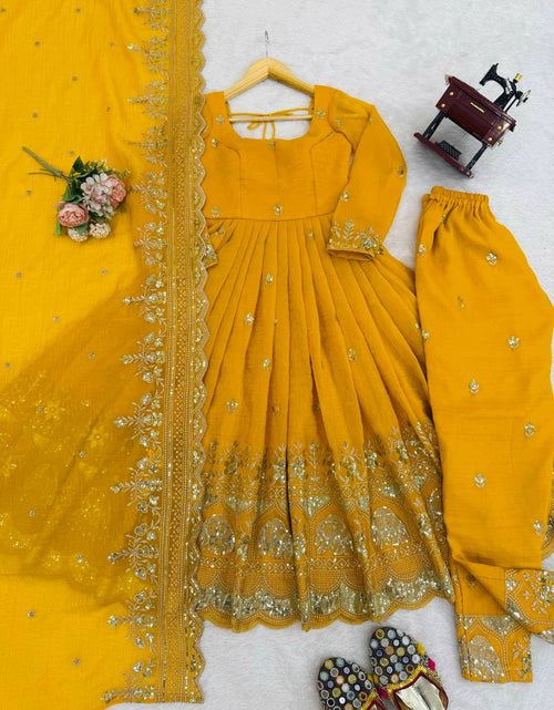 Load image into Gallery viewer, Haldi Wedding Anarkali Women’s Kurti Pant Dupatta Set
