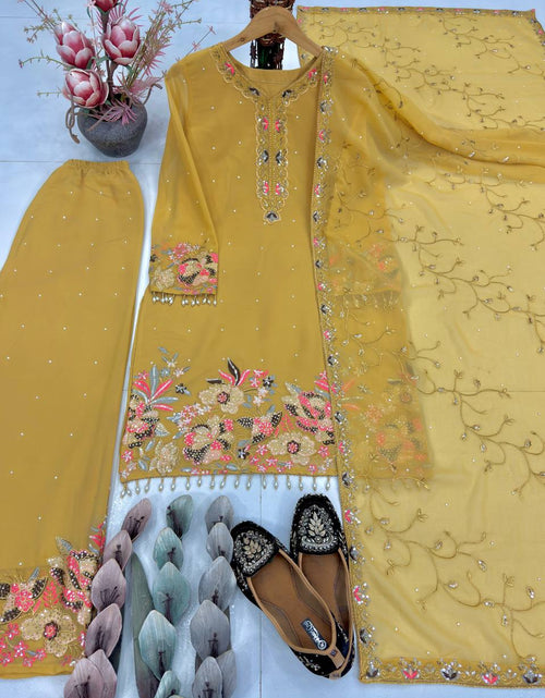 Load image into Gallery viewer, Festive Sequence Embroidered Women Top Palazzo Dupatta Suit Dress mahezon
