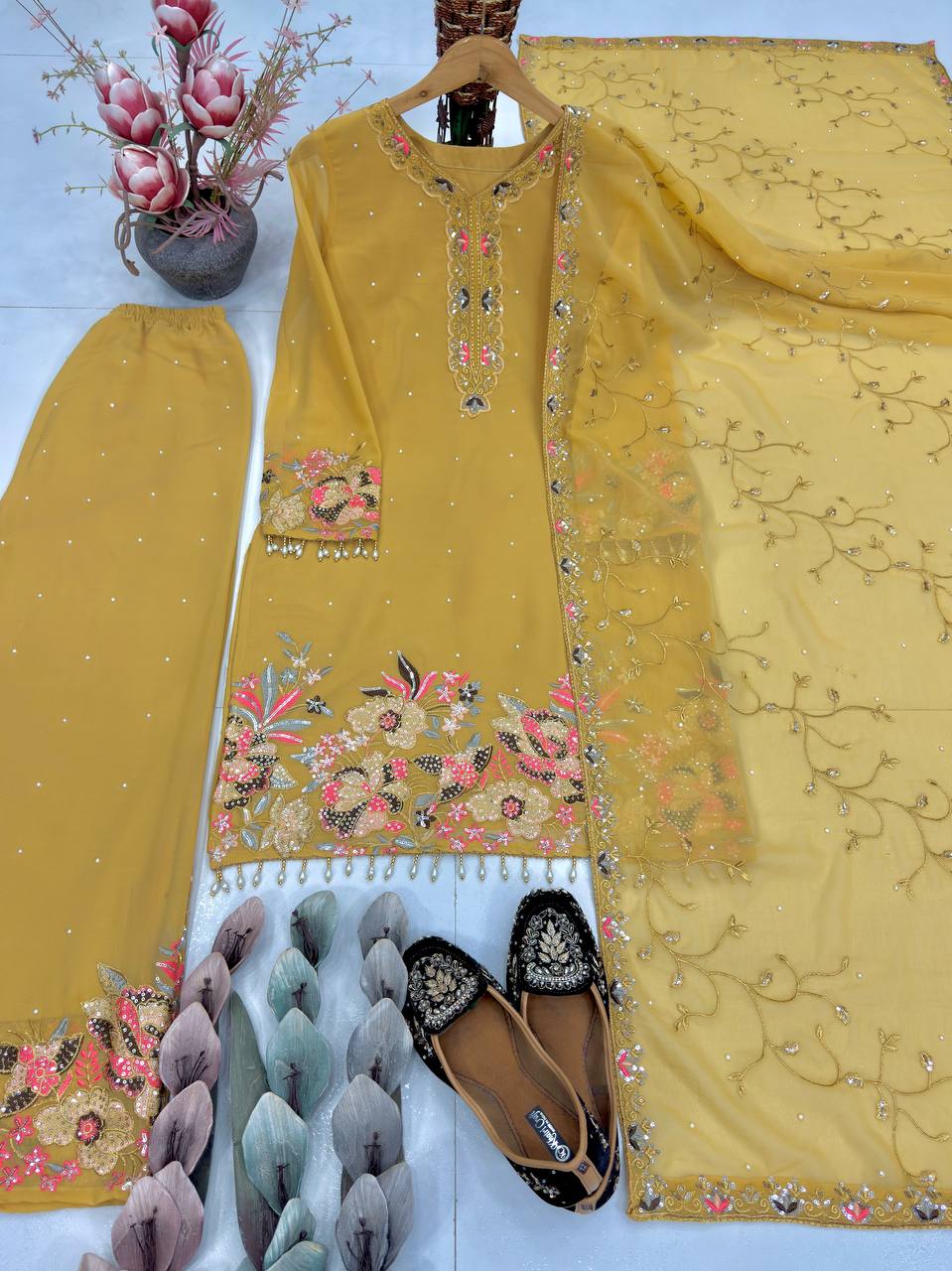 Festive Sequence Embroidered Women Top Palazzo Dupatta Suit Dress mahezon
