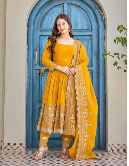 Haldi Wedding Anarkali Women’s Kurti Pant Dupatta Set