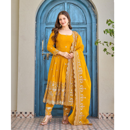 Haldi Wedding Anarkali Women’s Kurti Pant Dupatta Set