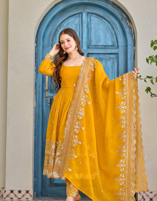 Load image into Gallery viewer, Haldi Wedding Anarkali Women’s Kurti Pant Dupatta Set

