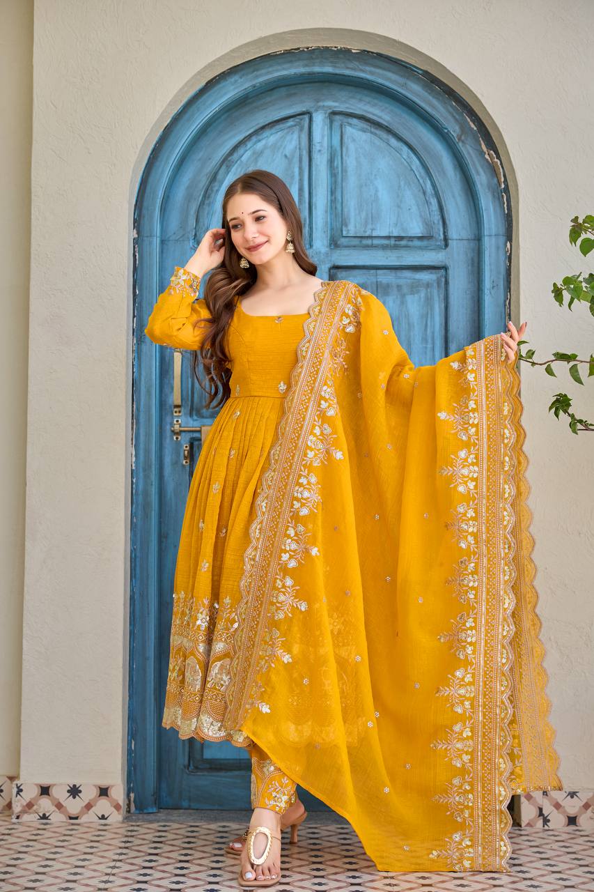 Haldi Wedding Anarkali Women’s Kurti Pant Dupatta Set