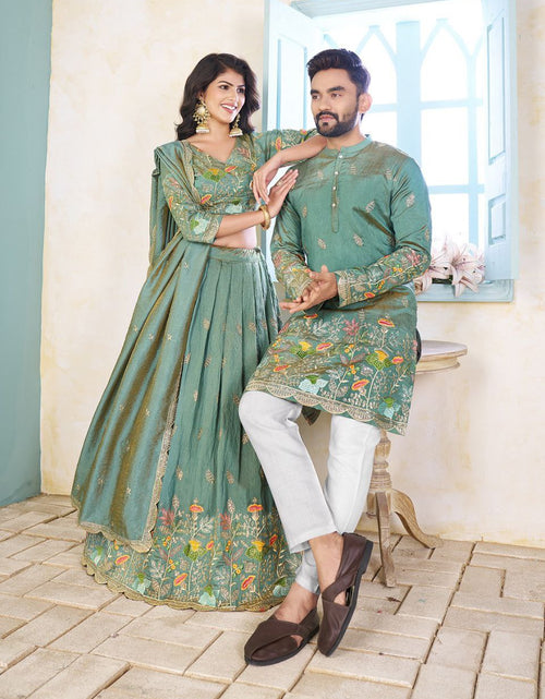 Load image into Gallery viewer, Heavy Crunchi Silk Traditional Indian Couple Wear Same Matching Men Kurta Women Lehenga Blouse Dupatta for Weddings mahezon
