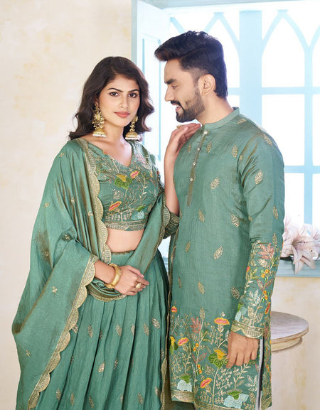 Heavy Crunchi Silk Traditional Indian Couple Wear Same Matching Men Kurta Women Lehenga Blouse Dupatta for Weddings mahezon