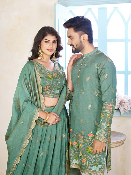 Heavy Crunchi Silk Traditional Indian Couple Wear Same Matching Men Kurta Women Lehenga Blouse Dupatta for Weddings mahezon