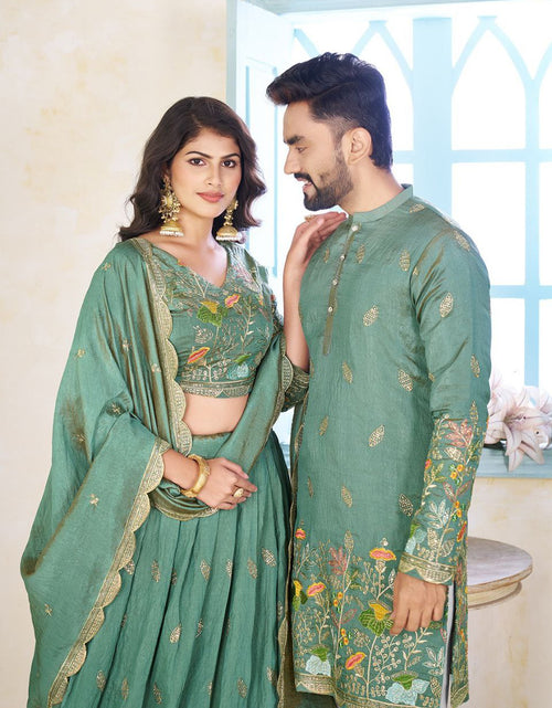 Load image into Gallery viewer, Heavy Crunchi Silk Traditional Indian Couple Wear Same Matching Men Kurta Women Lehenga Blouse Dupatta for Weddings mahezon
