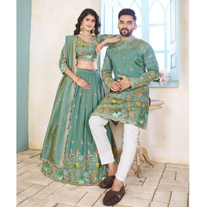 Heavy Crunchi Silk Traditional Indian Couple Wear Same Matching Men Kurta Women Lehenga Blouse Dupatta for Weddings mahezon
