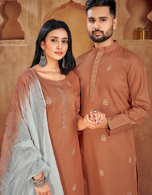 Load image into Gallery viewer, Beautiful Traditional Couple wear Same Matching Orange Men Kurta Pajama and Women Kurta Pant Dupatta mahezon

