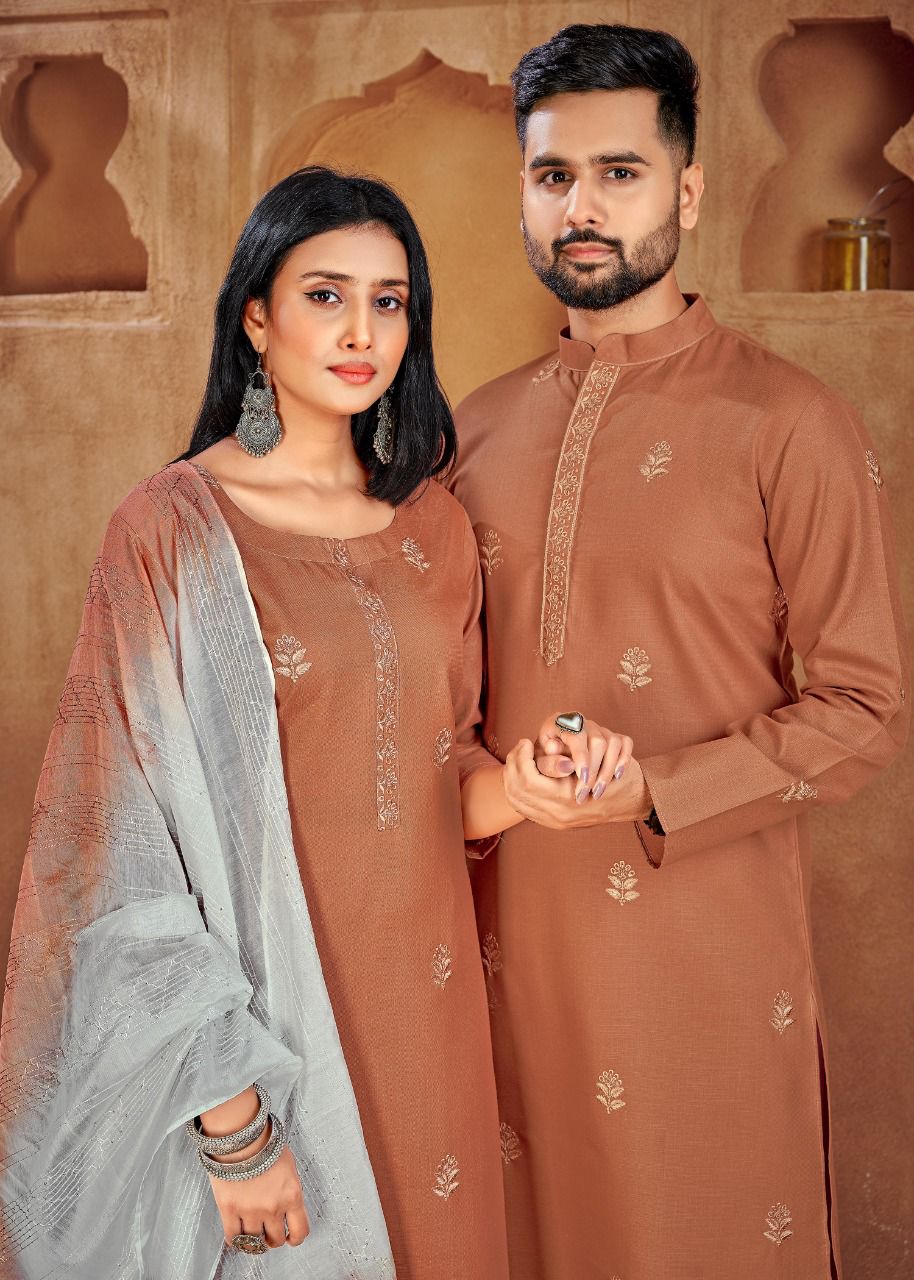 Beautiful Traditional Couple wear Same Matching Orange Men Kurta Pajama and Women Kurta Pant Dupatta mahezon