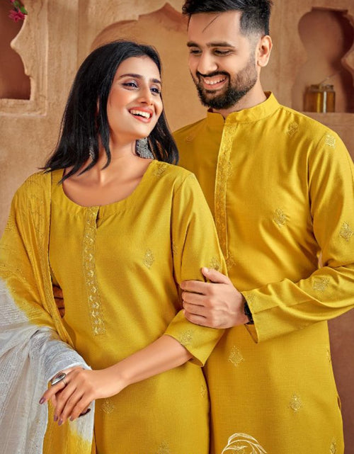 Load image into Gallery viewer, Beautiful Traditional Couple wear Same Matching Yellow Cotton Men Kurta Pajama and Women Kurta Pant Dupatta mahezon
