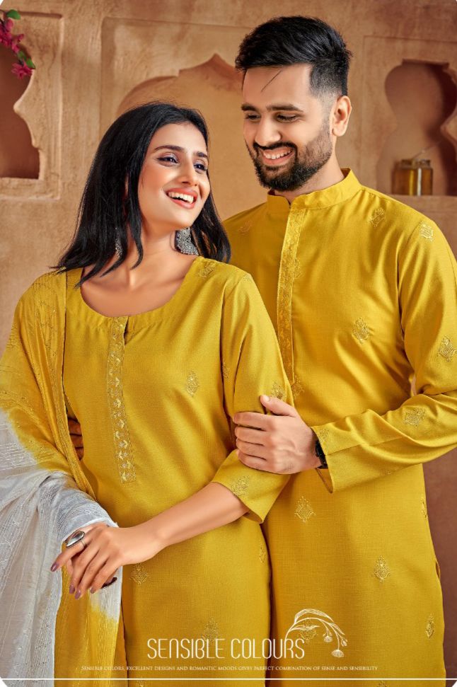 Beautiful Traditional Couple wear Same Matching Yellow Cotton Men Kurta Pajama and Women Kurta Pant Dupatta mahezon
