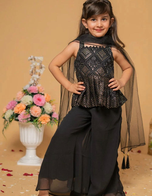 Girls Black & Pink Cotton Floral Print Sharara Set with Soft Net Dupatta |  Kids party wear dresses, Kids dress, Kids dress patterns