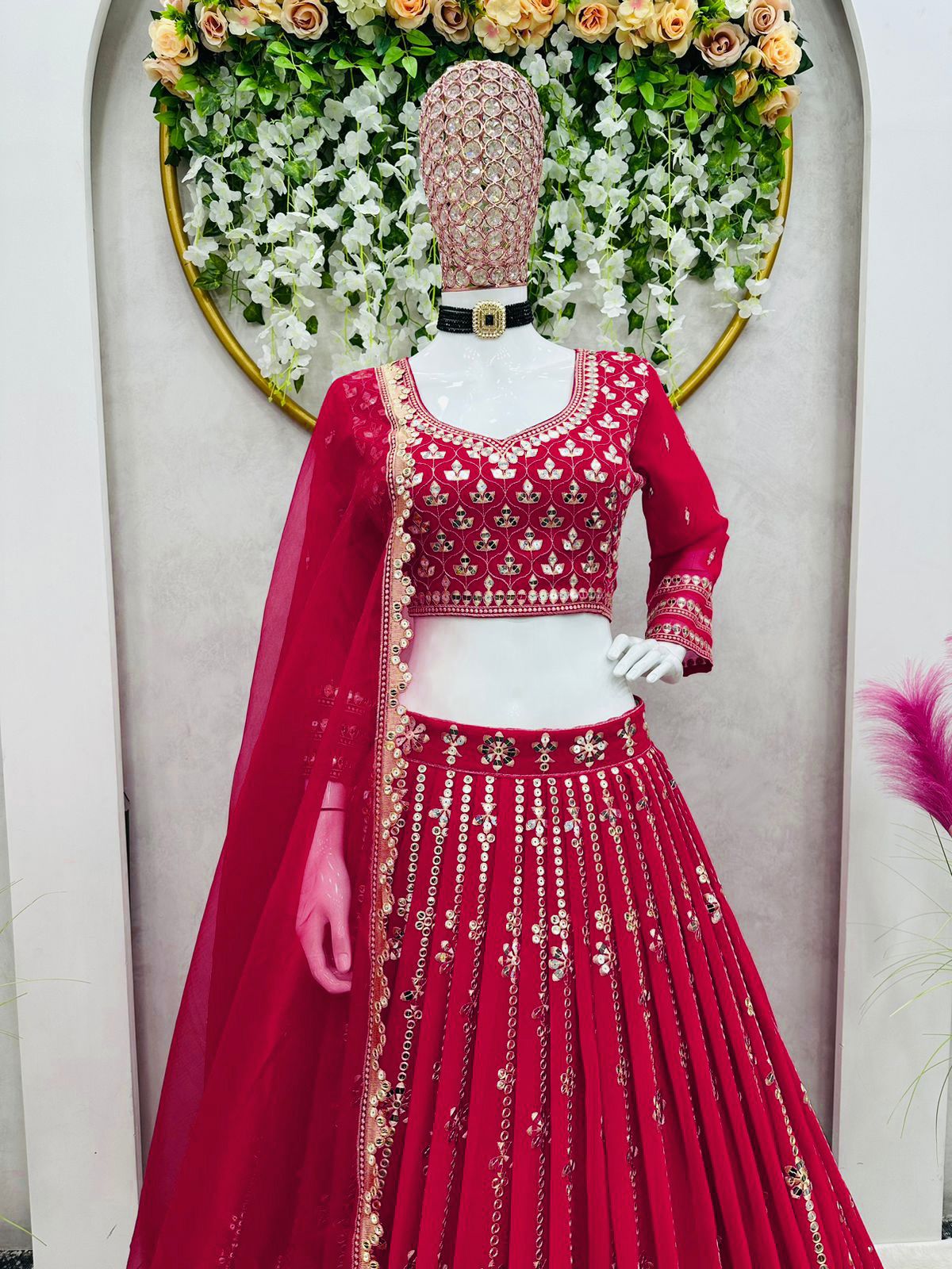 Beautiful Women Party wear 9mm Sequence Red Lehenga choli with Dupatta Suit  mahezon