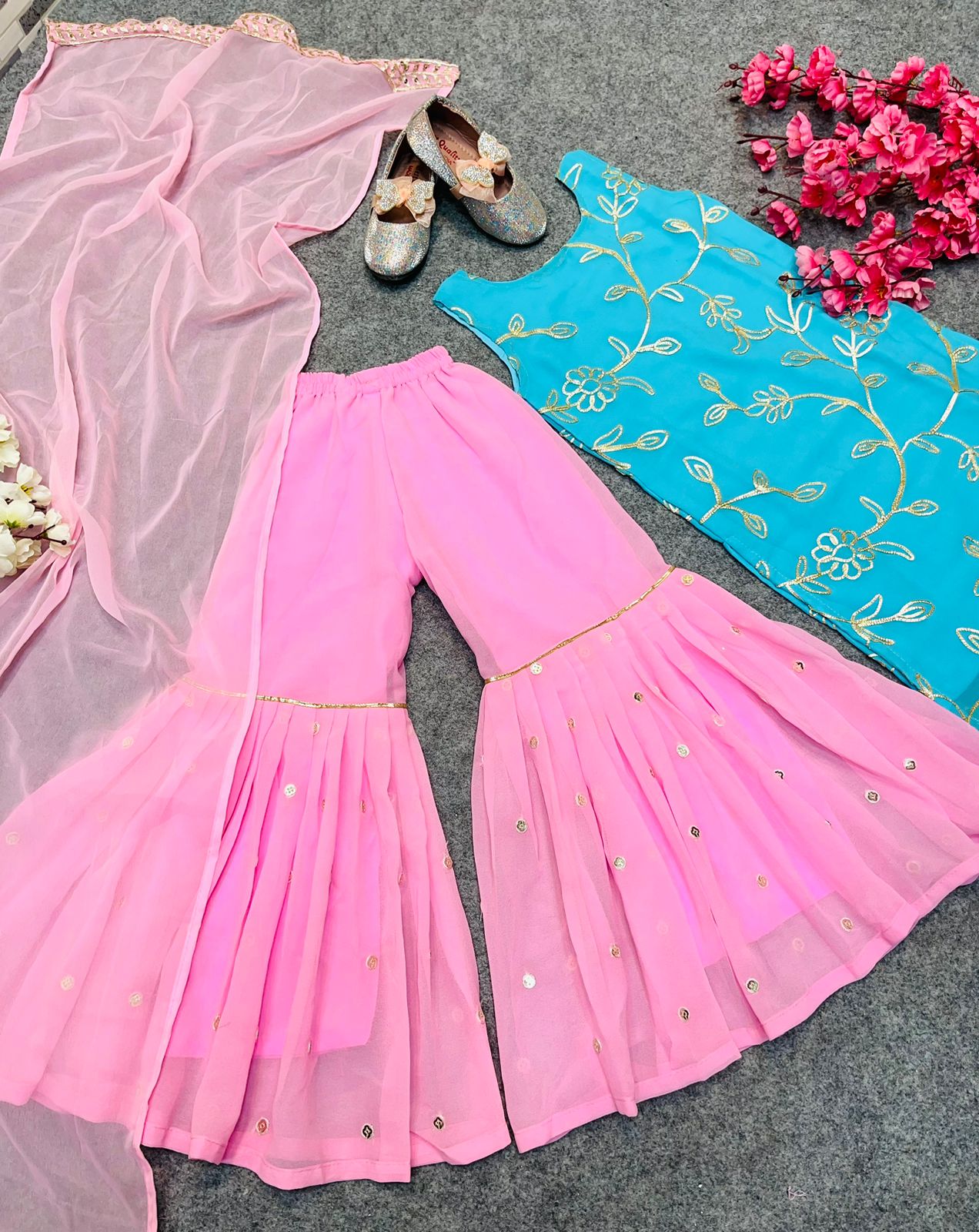 RE - Designer Party Wear Pink And Green Sharara Suit - Featured Product
