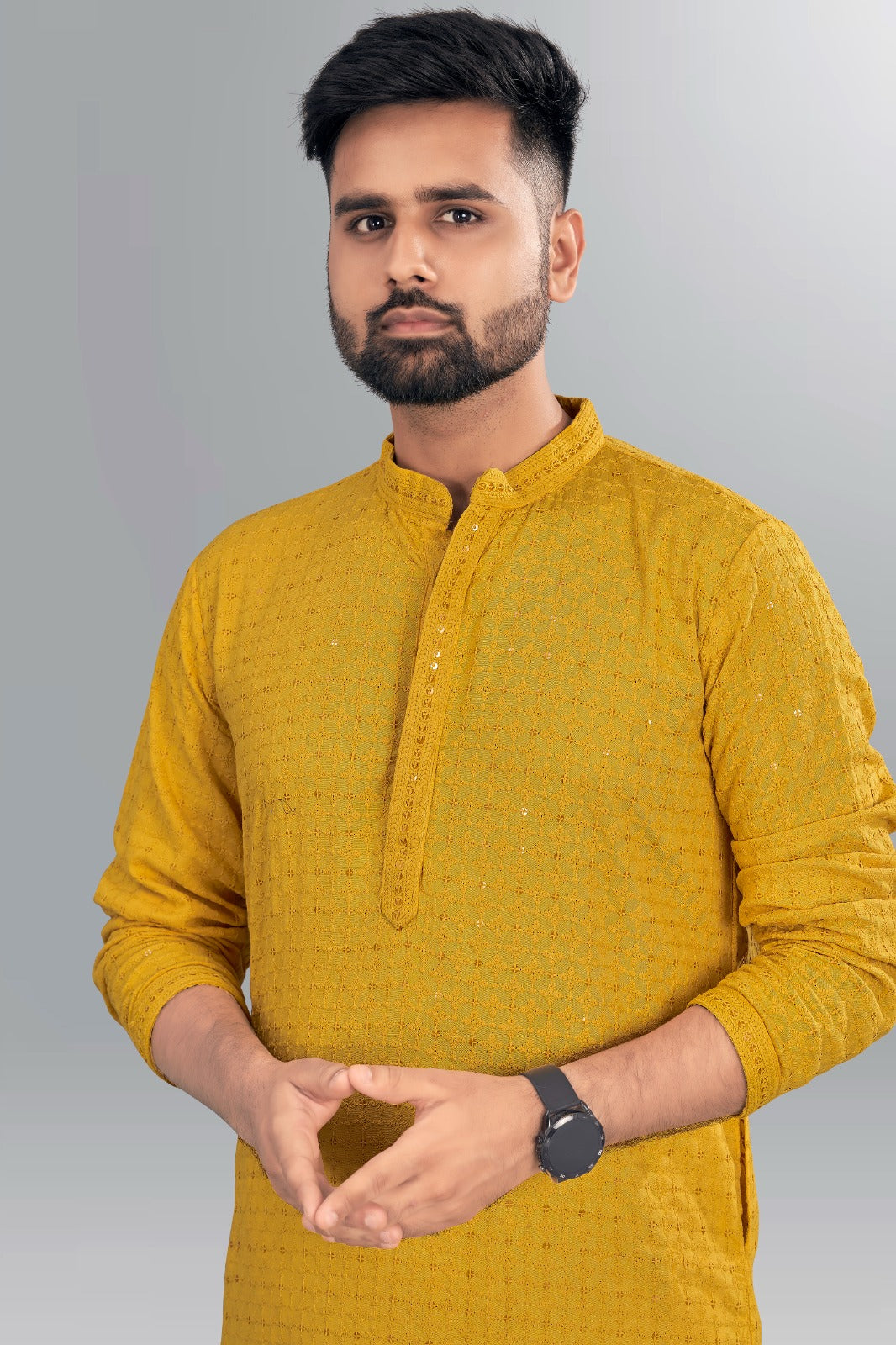 Beautiful Mens Chikankari Long Yellow Kurta mahezon