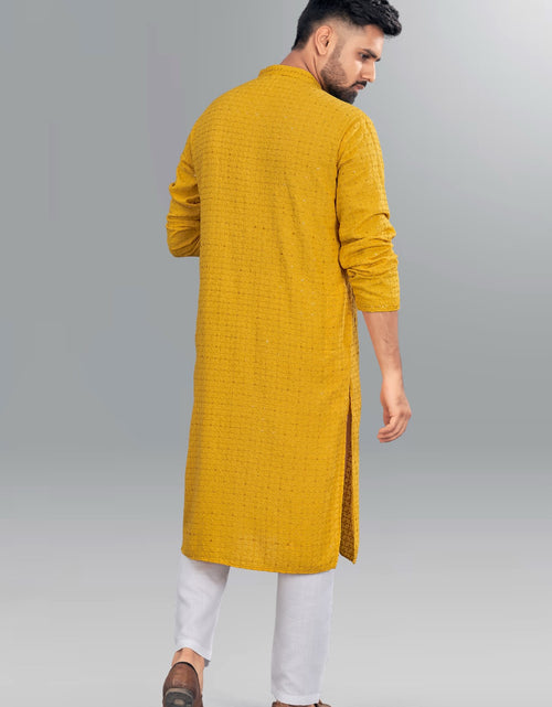 Load image into Gallery viewer, Beautiful Mens Chikankari Long Yellow Kurta mahezon
