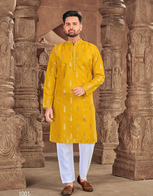 Load image into Gallery viewer, Men&#39;s Yellow Cotton Kurta with Foil Print and Pajama mahezon
