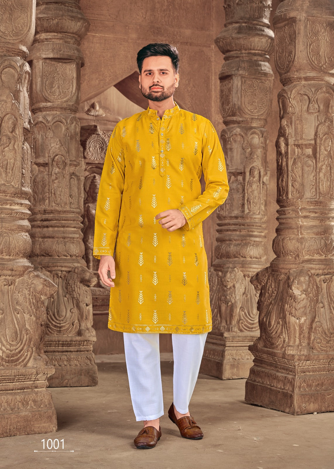 Men's Yellow Cotton Kurta with Foil Print and Pajama mahezon