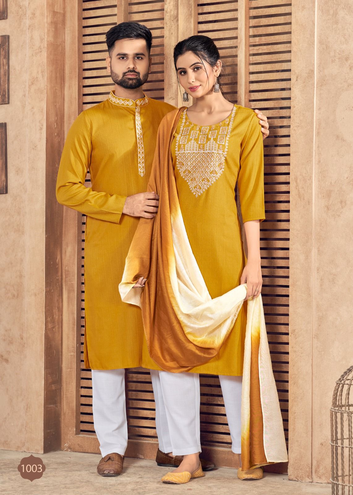 Beautiful Couple wear Yellow Men Kurta Pajama and Women Kurti Pant