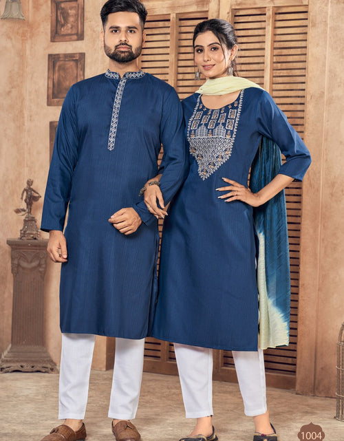 Load image into Gallery viewer, Beautiful Couple wear Collection Blue Men Kurta Pajama and Women Kurti Pant Dupatta set mahezon
