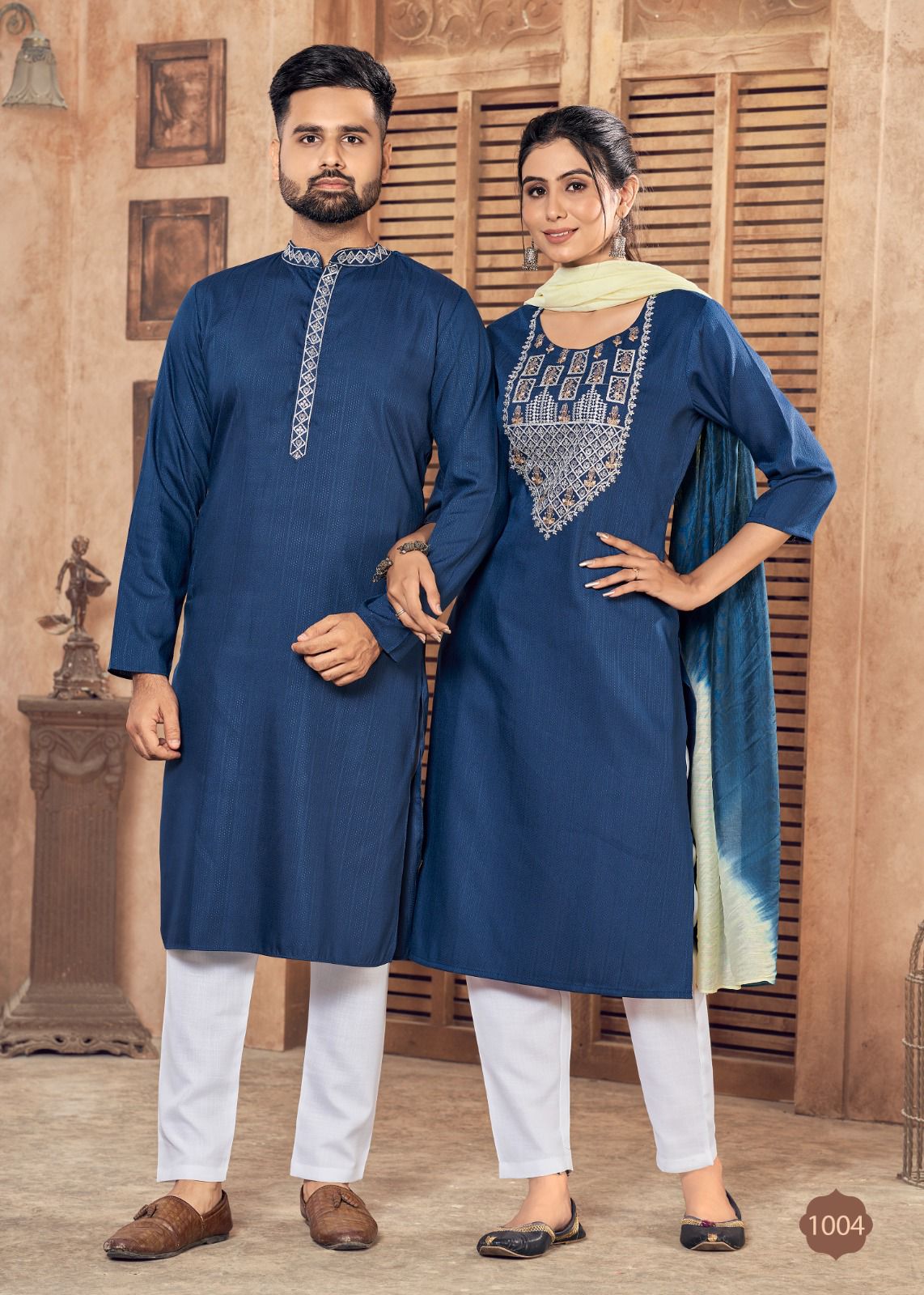 Beautiful Couple wear Collection Blue Men Kurta Pajama and Women Kurti Pant Dupatta set mahezon
