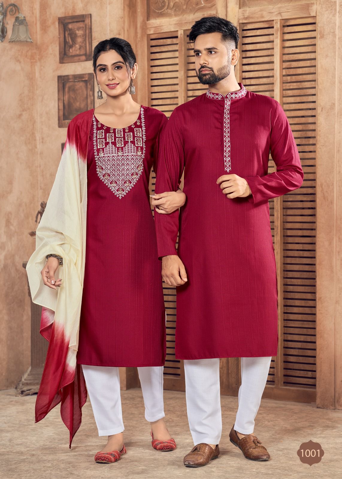 Beautiful Couple wear Collection Red Men Kurta Pajama and Women Kurti Pant Dupatta set mahezon