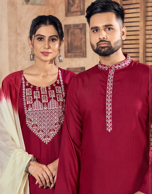 Load image into Gallery viewer, Beautiful Couple wear Collection Red Men Kurta Pajama and Women Kurti Pant Dupatta set mahezon
