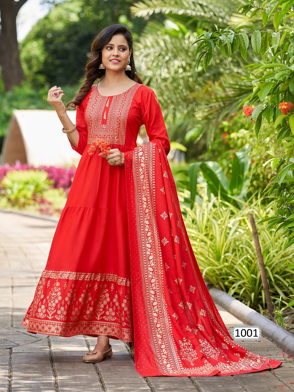 Anarkali Style Red Embroidery Work Readymade Gown