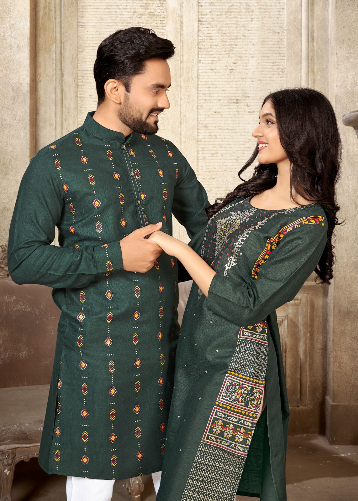 Beautiful Men's and Women's Green Pure Cotton Same Matching Couple wear Dress mahezon
