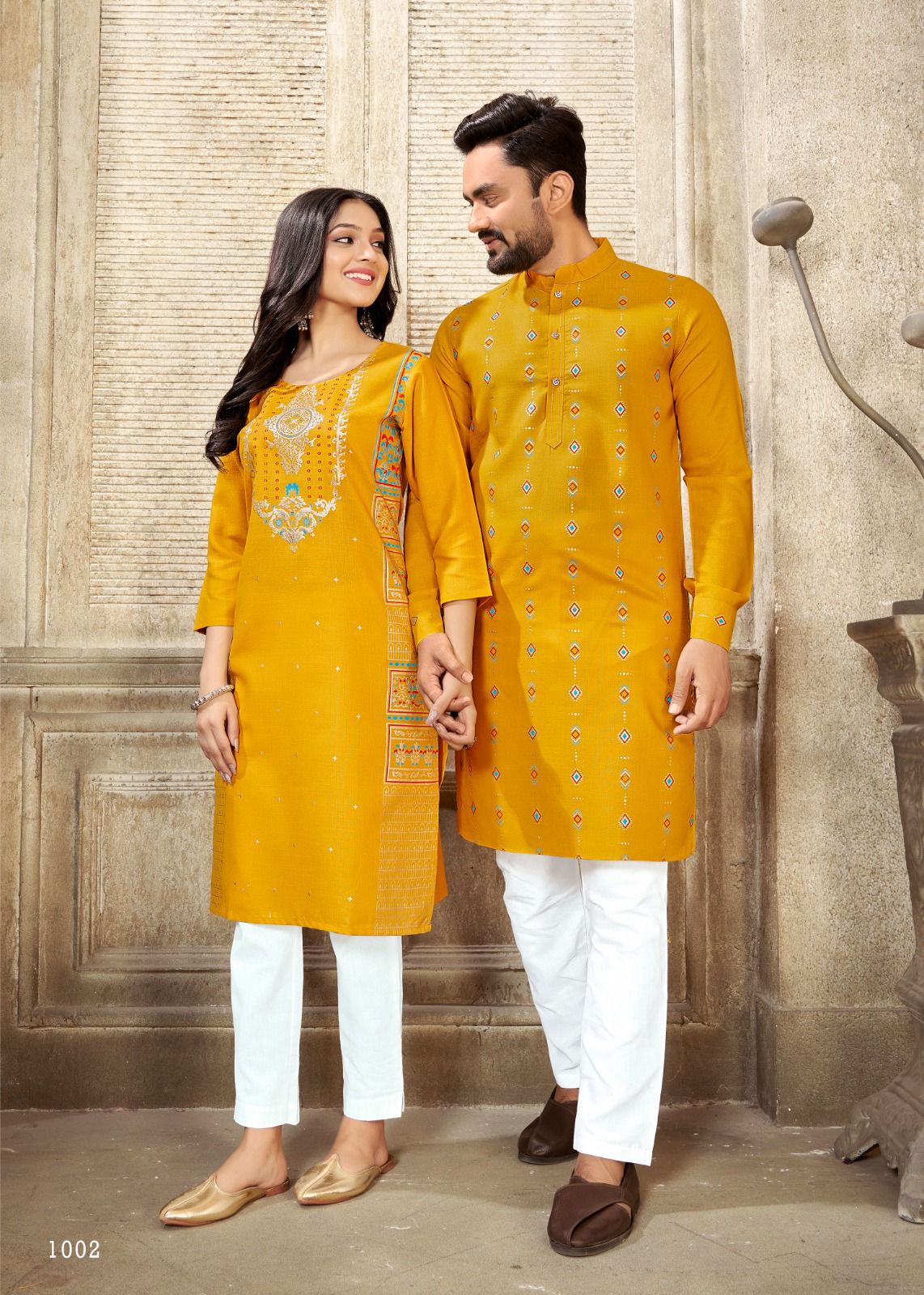 Beautiful Men's and Women's Yellow Pure Cotton Same Matching Couple wear Dress mahezon