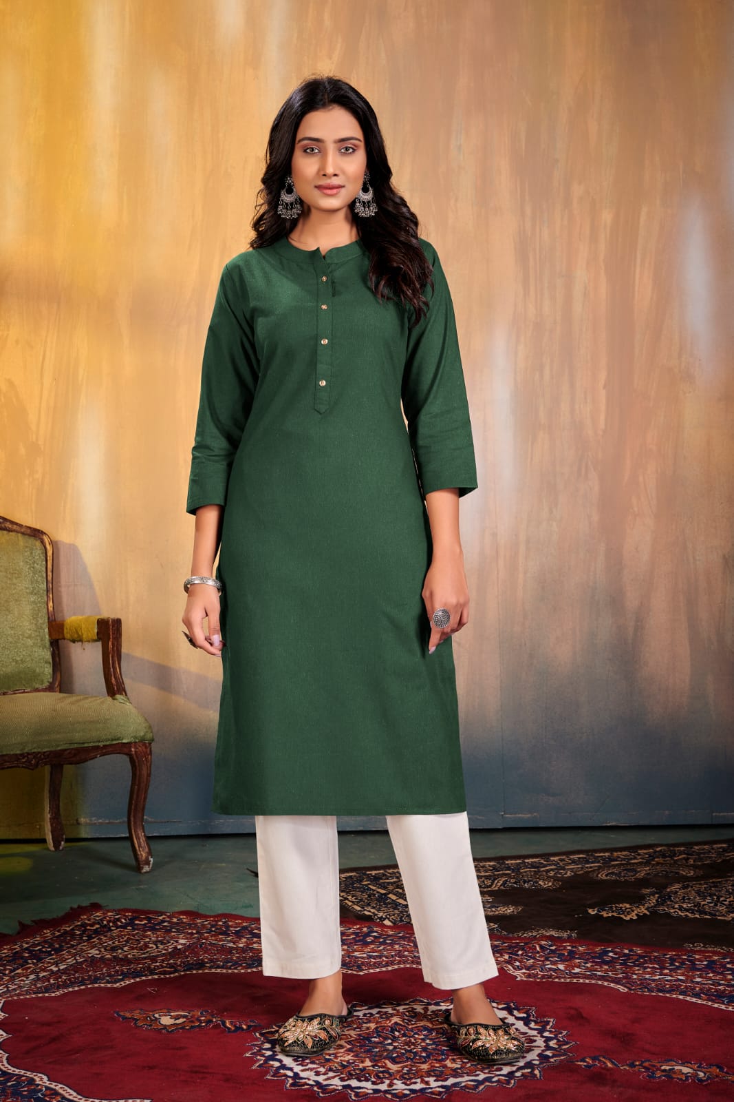 Dark Green Silk Casual Kurti – Indian Rani