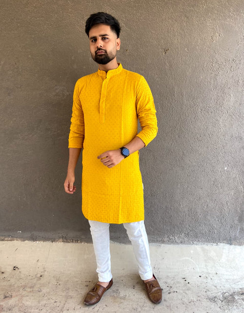 Load image into Gallery viewer, Cotton Chikankari Wedding Men&#39;s Kurta Payjama Yellow mahezon
