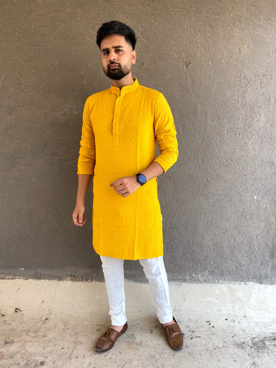 Cotton Chikankari Wedding Men's Kurta Payjama Yellow mahezon