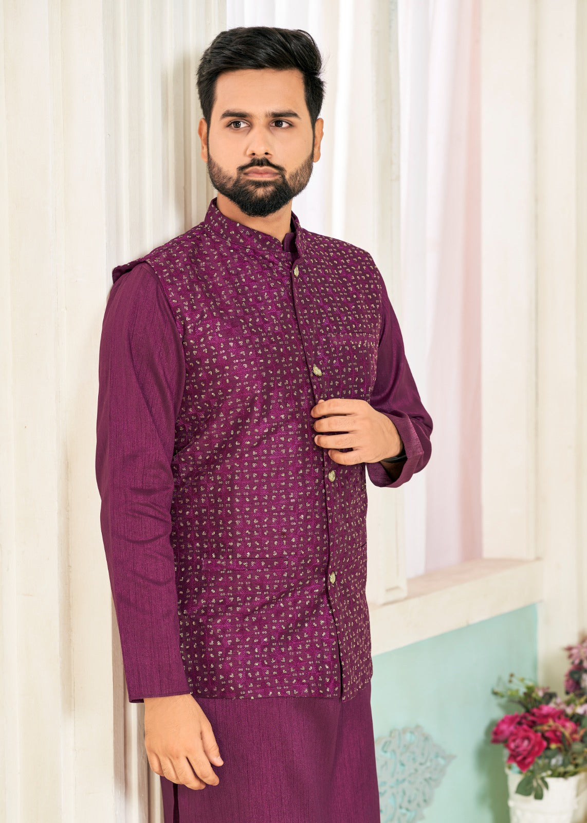 Men's Purple Embellished Jacket with Gold Kurta Pant Set - Absolutely Desi