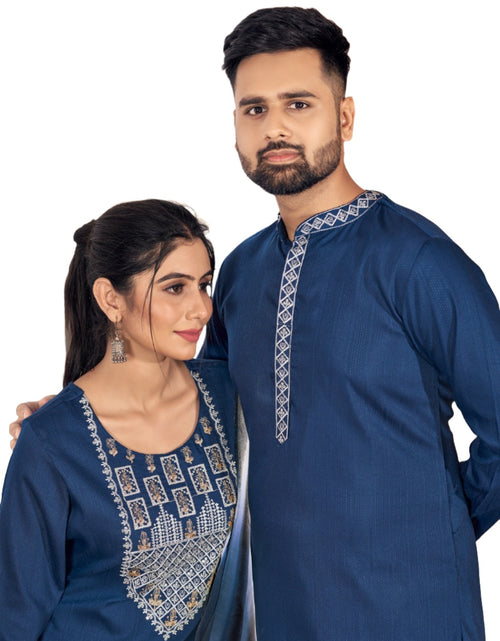 Load image into Gallery viewer, Beautiful Couple wear Blue Men Kurta Pajama and Women Kurti Pant Dupatta set mahezon
