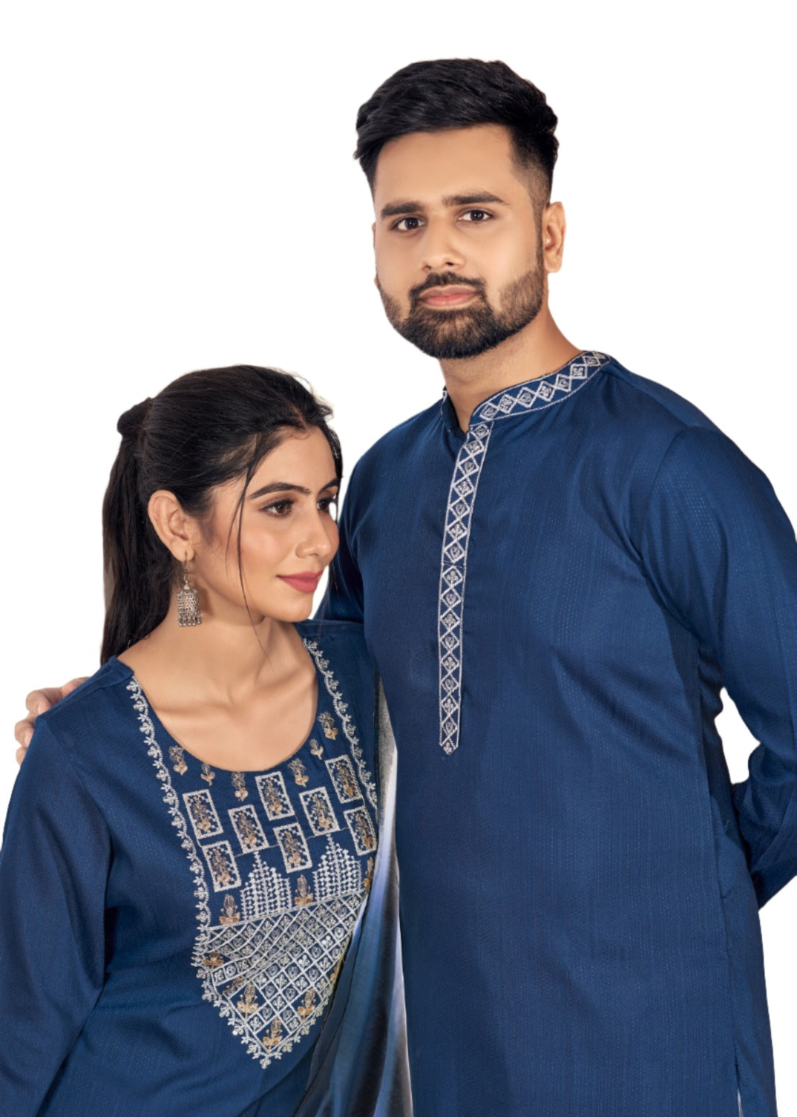 Beautiful Couple wear Blue Men Kurta Pajama and Women Kurti Pant Dupatta set mahezon