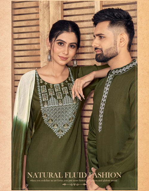 Load image into Gallery viewer, Couple wear Green Men Kurta Pajama and Women Kurti Pant Dupatta Same Matching Outfits set mahezon
