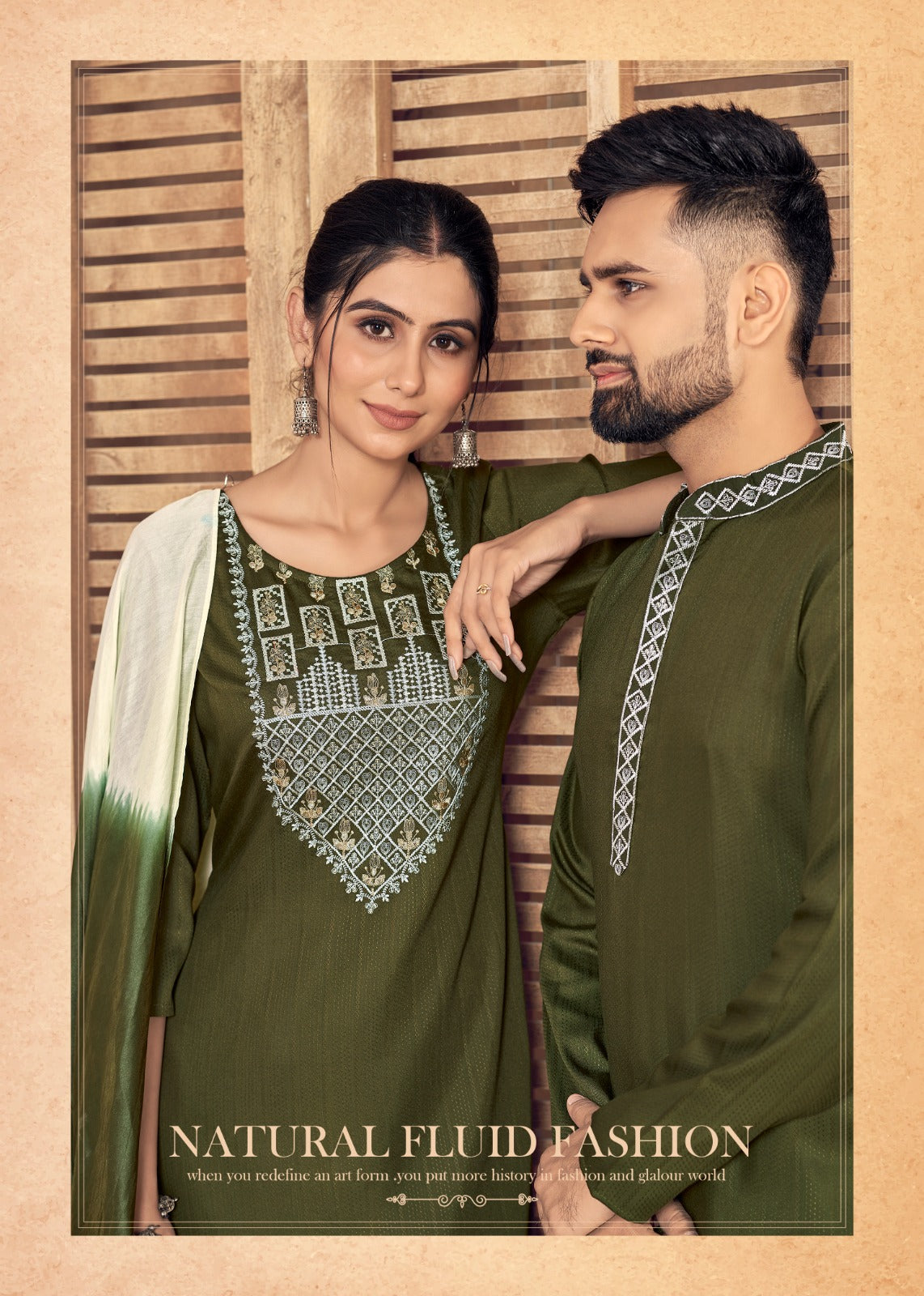 Couple wear Green Men Kurta Pajama and Women Kurti Pant Dupatta Same Matching Outfits set mahezon