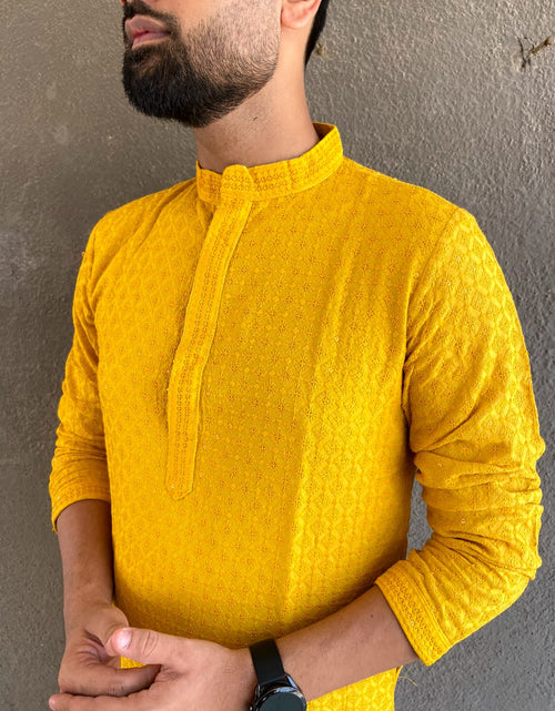 Load image into Gallery viewer, Cotton Chikankari Wedding Men&#39;s Kurta Payjama Yellow mahezon
