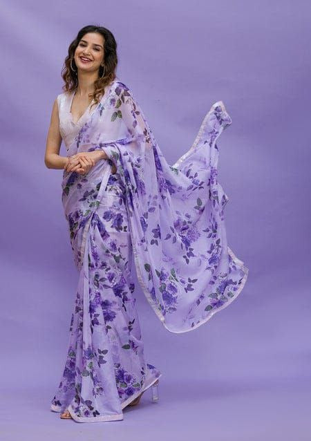 Women Designer White Floral Printed Saree mahezon