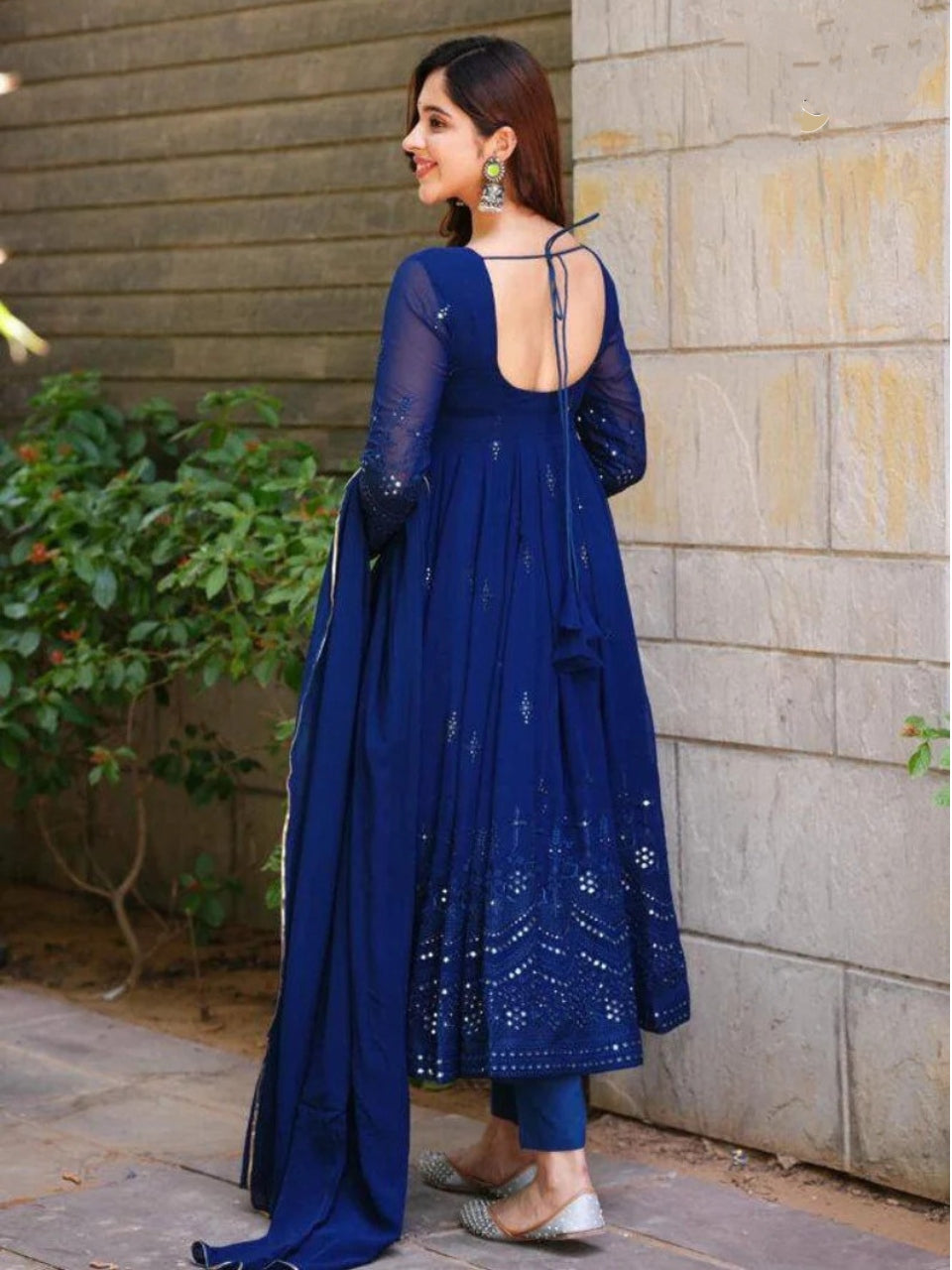 Navy Blue Mirrorwork Georgette Designer Gown | Gowns, Designer gowns,  Formal dresses long