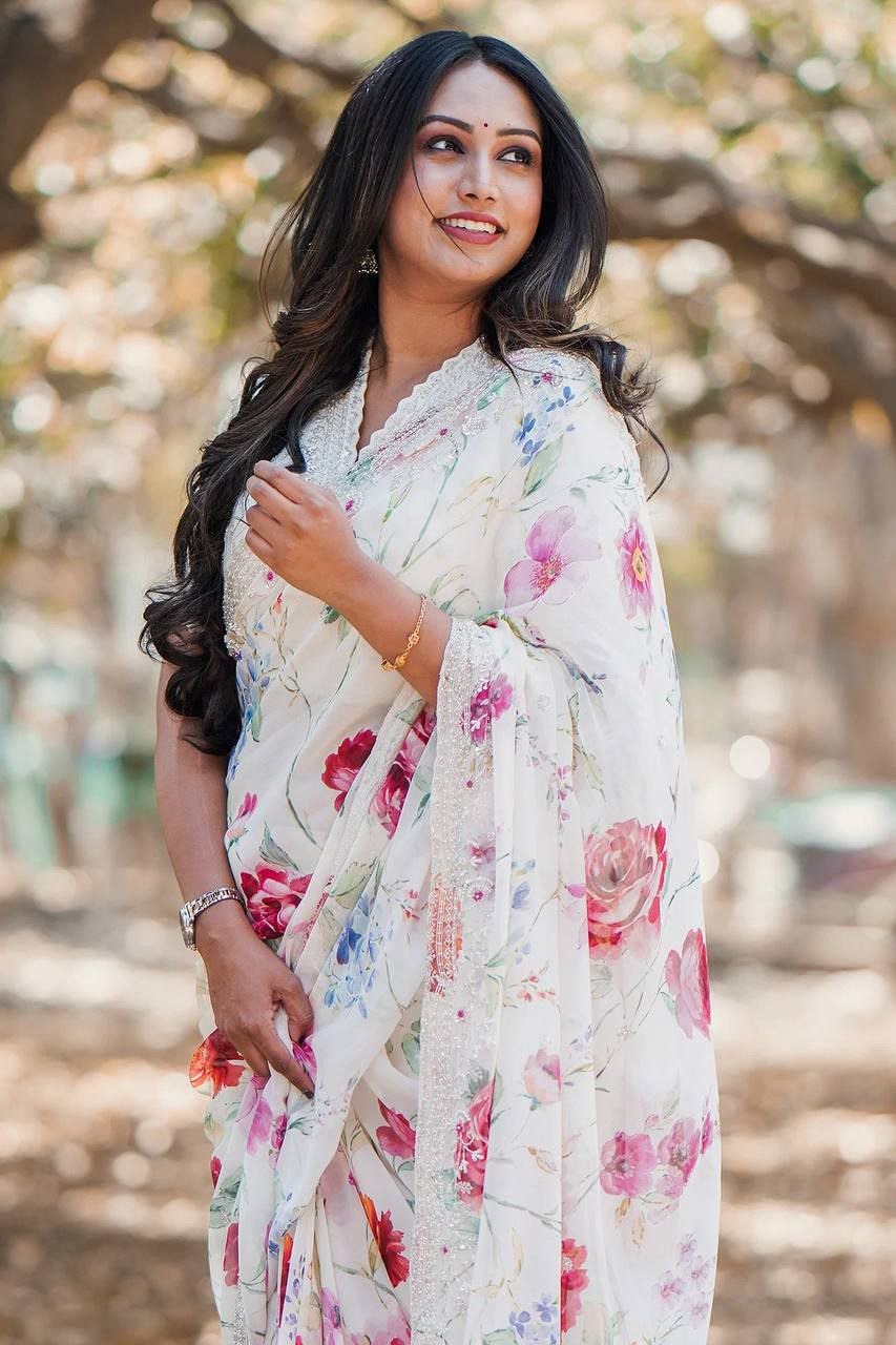 Women White Designer Floral Saree mahezon