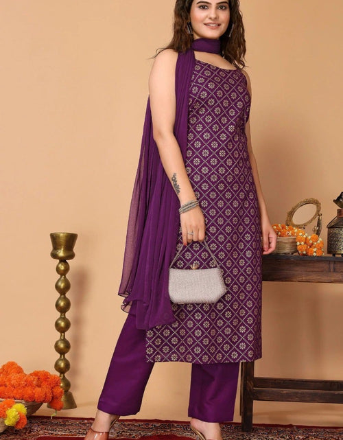 Load image into Gallery viewer, Women Purple Kurti Pant Dupatta Material
