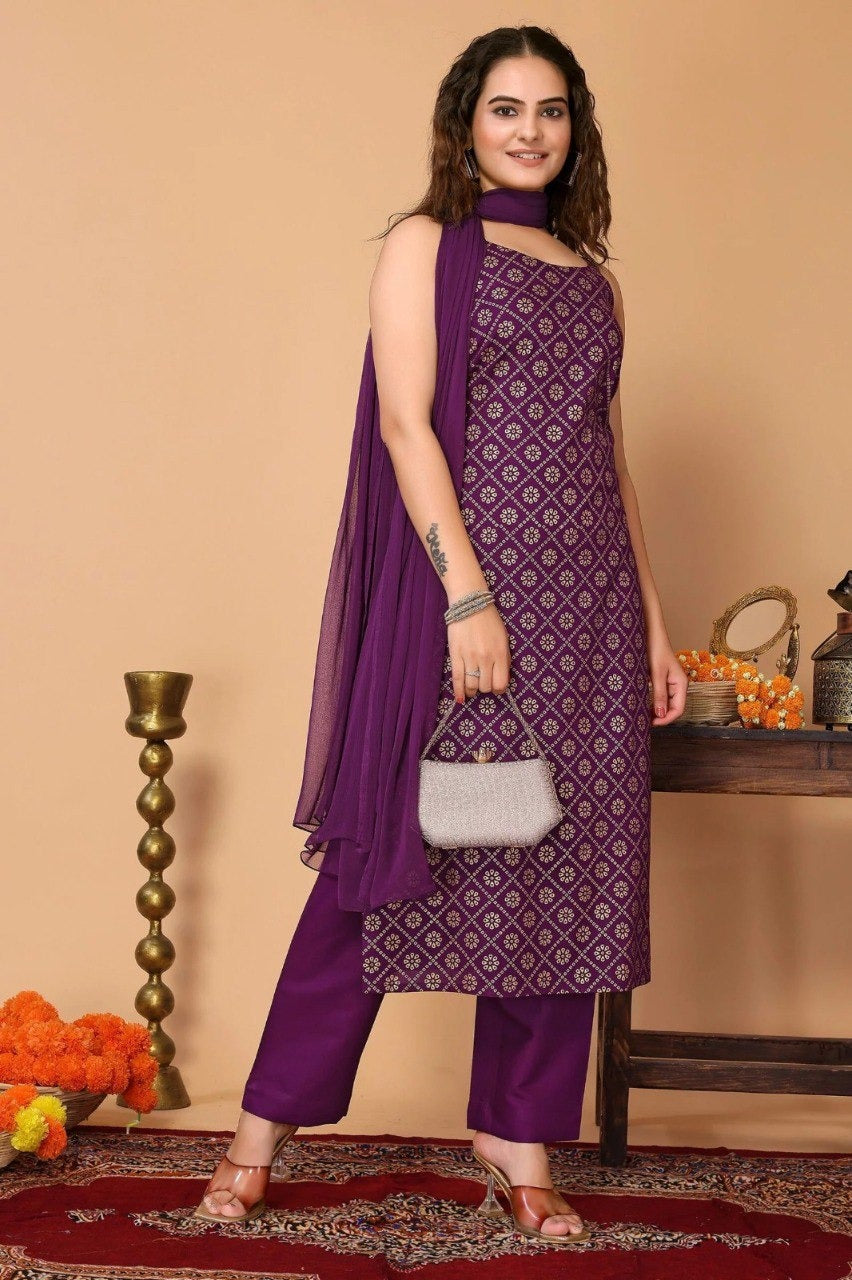 Women Purple Kurti Pant Dupatta Material