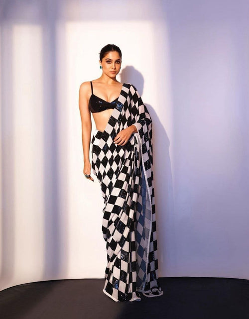 Load image into Gallery viewer, Black and White Fancy Designer Women Saree mahezon
